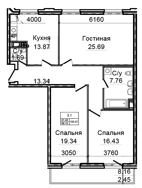 3-комнатная, 98 м² — ЖК ЖК Мироздание