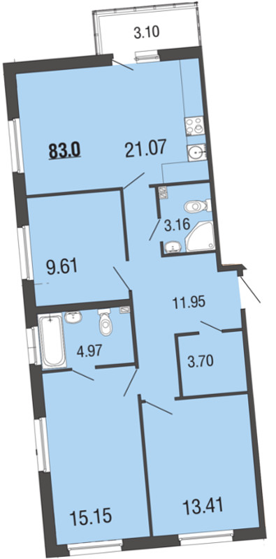 3-комнатная, 83 м² — ЖК ЖК ЭкоСити