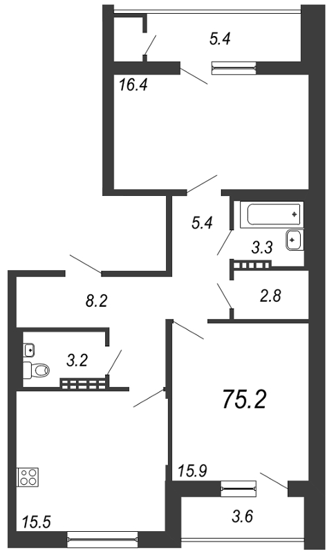 2-комнатная, 75 м² — ЖК ЖК Жемчужный берег