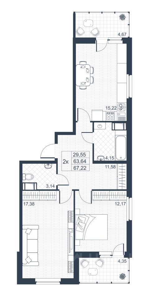 2-комнатная, 63.6 м² — ЖК ЖК Ново-Антропшино