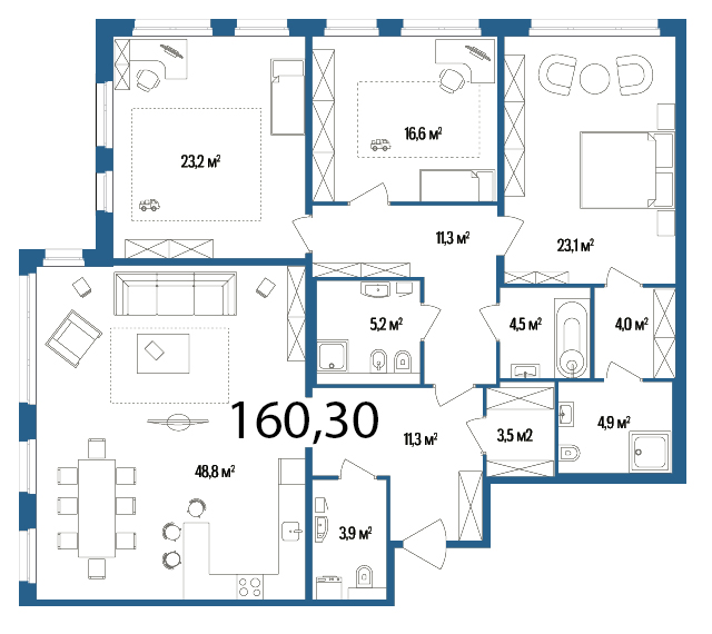 3-комнатная, 160 м² — ЖК Дом на улице Нижне-Каменская