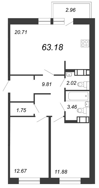 2-комнатная, 63 м² — ЖК ЖК Кудрово
