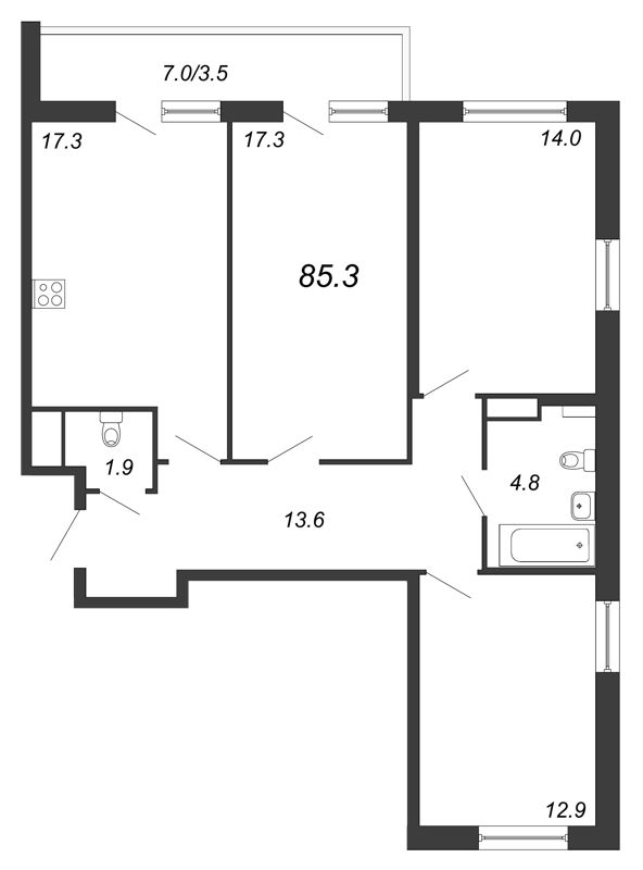 3-комнатная, 85 м² — ЖК ЖК Дом на Блюхера