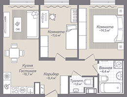 2-комнатная, 59 м² — ЖК ЖК Коллонтай, 2