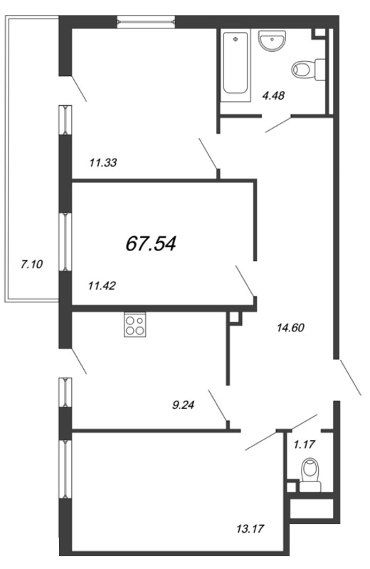 3-комнатная, 68 м² — ЖК Ап-квартал Комендантский (Up-квартал Комендантский)