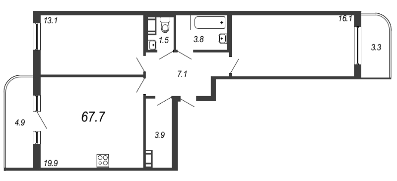 2-комнатная, 68 м² — ЖК ЖК Энфилд