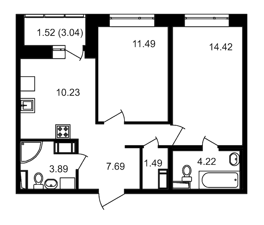 2-комнатная, 56 м² — ЖК ЖК Елизаровский