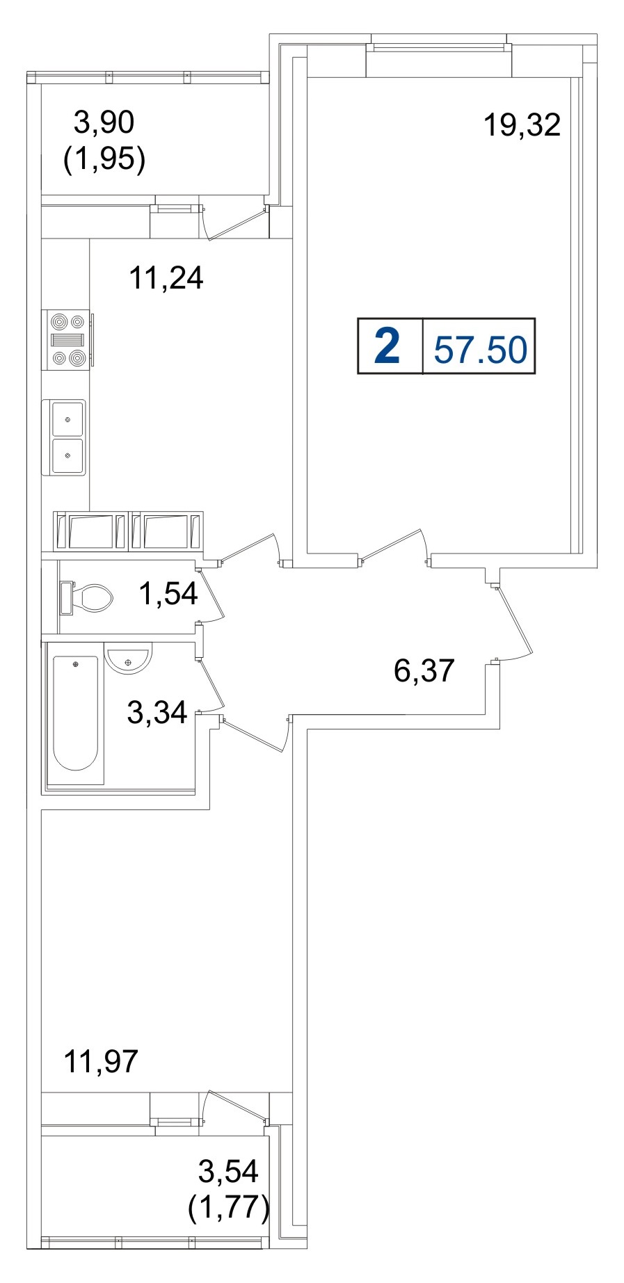 2-комнатная, 58 м² — ЖК ЖК Пулковский
