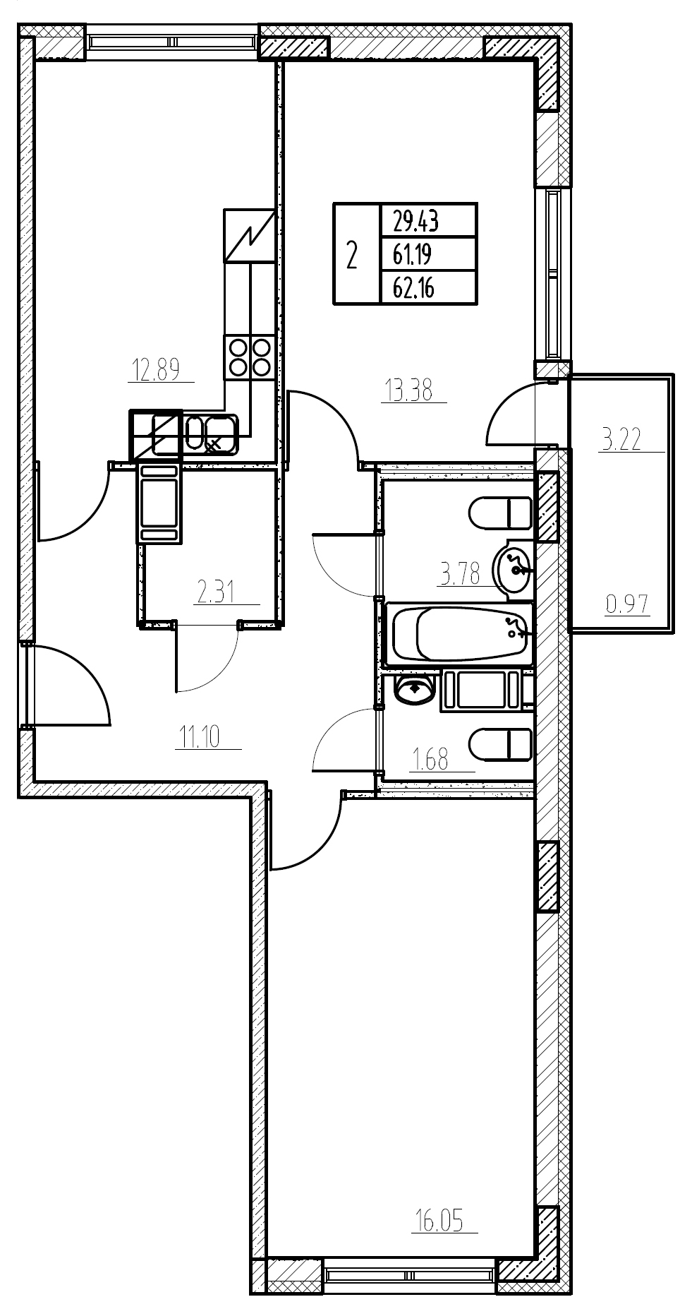 2-комнатная, 62 м² — ЖК ЖК Гольфстрим