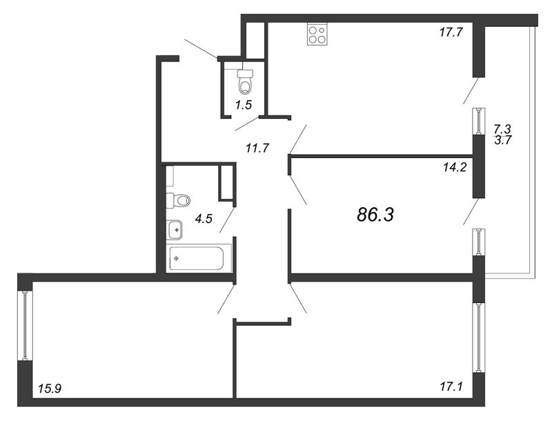 3-комнатная, 86 м² — ЖК ЖК Дом на Блюхера