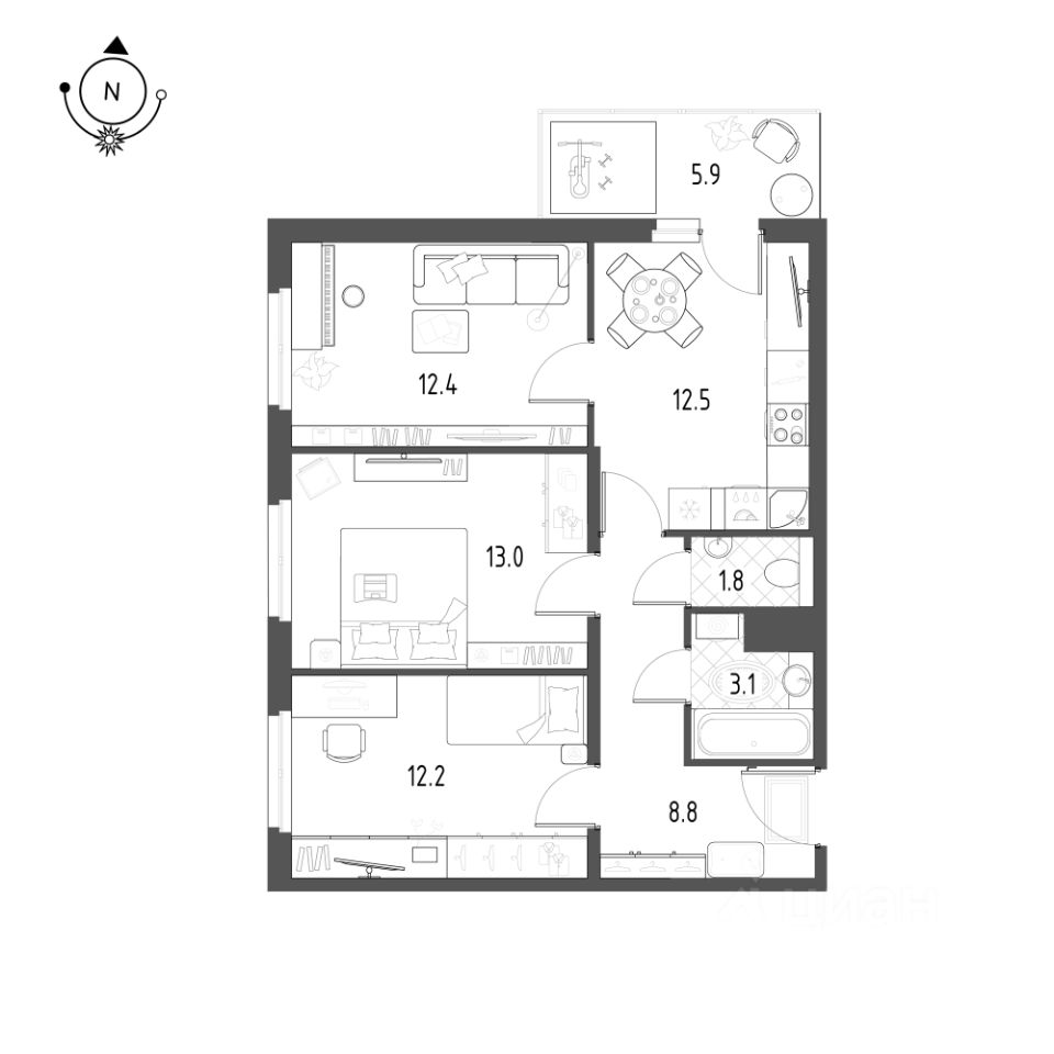 3-комнатная, 65.2 м² — ЖК ЖК Новоорловский