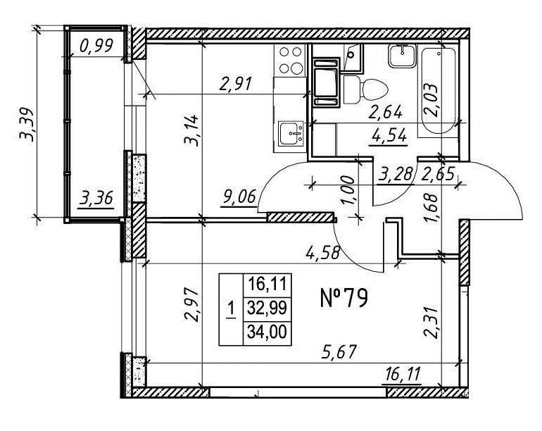 1-комнатная, 34 м² — ЖК Ап-квартал Московский (Up-квартал Московский)
