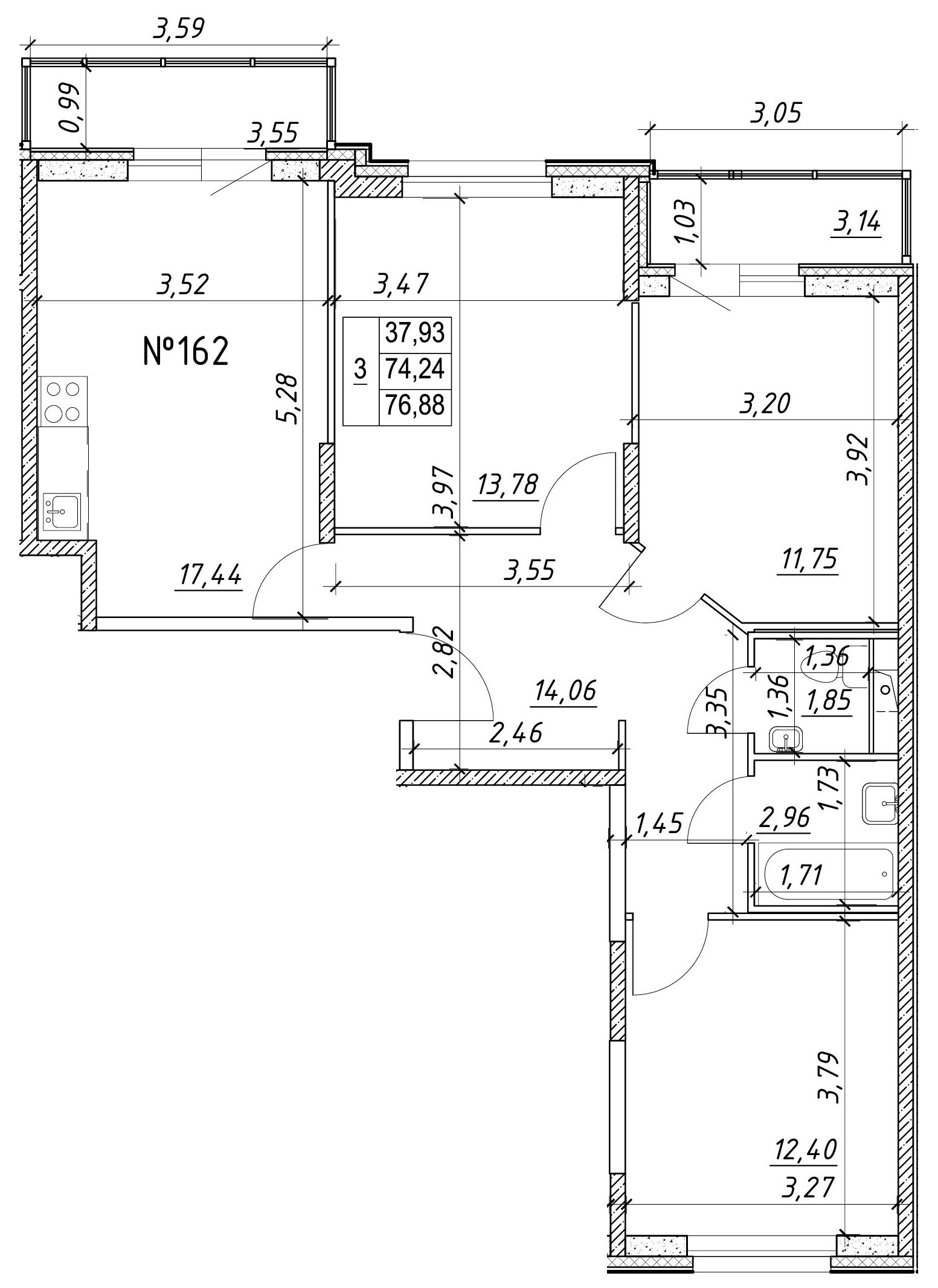 3-комнатная, 77 м² — ЖК Ап-квартал Московский (Up-квартал Московский)