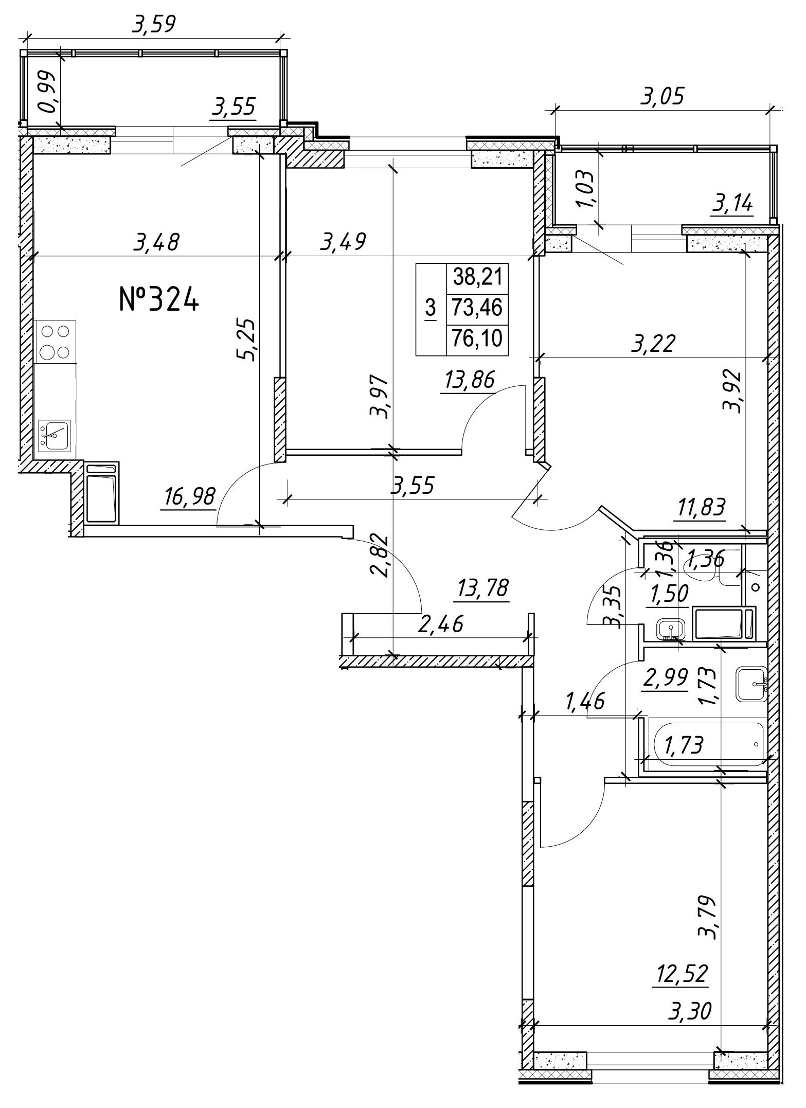 3-комнатная, 76 м² — ЖК Ап-квартал Московский (Up-квартал Московский)