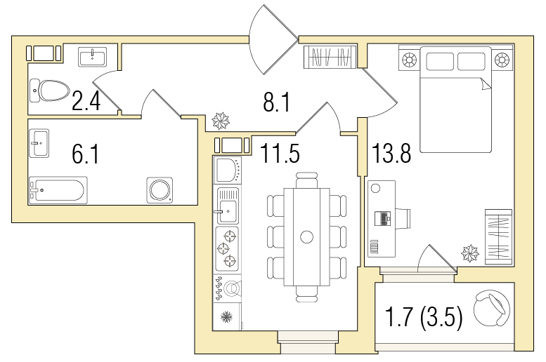 1-комнатная, 45 м² — ЖК ЖК Жемчужный берег
