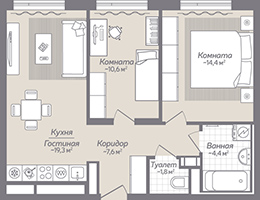 2-комнатная, 58 м² — ЖК ЖК Коллонтай, 2