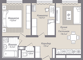 2-комнатная, 57 м² — ЖК ЖК Коллонтай, 2