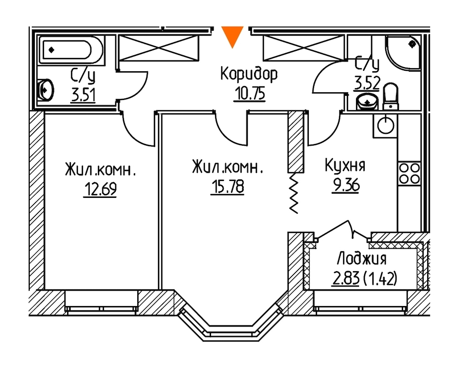 2-комнатная, 57 м² — ЖК ЖК Новое Купчино