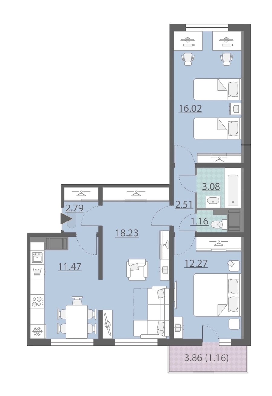3-комнатная, 69 м² — ЖК ЖК Ручьи