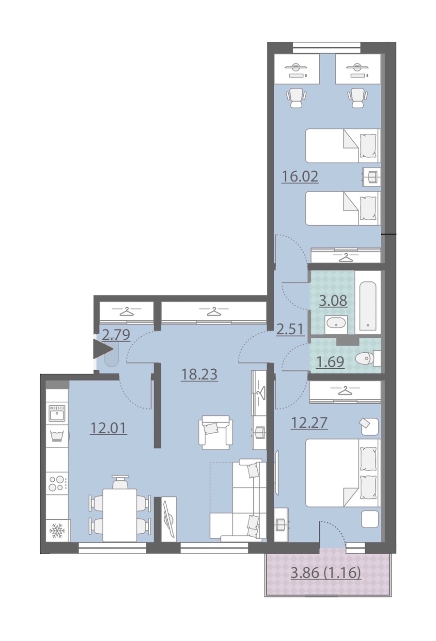 3-комнатная, 70 м² — ЖК ЖК Ручьи