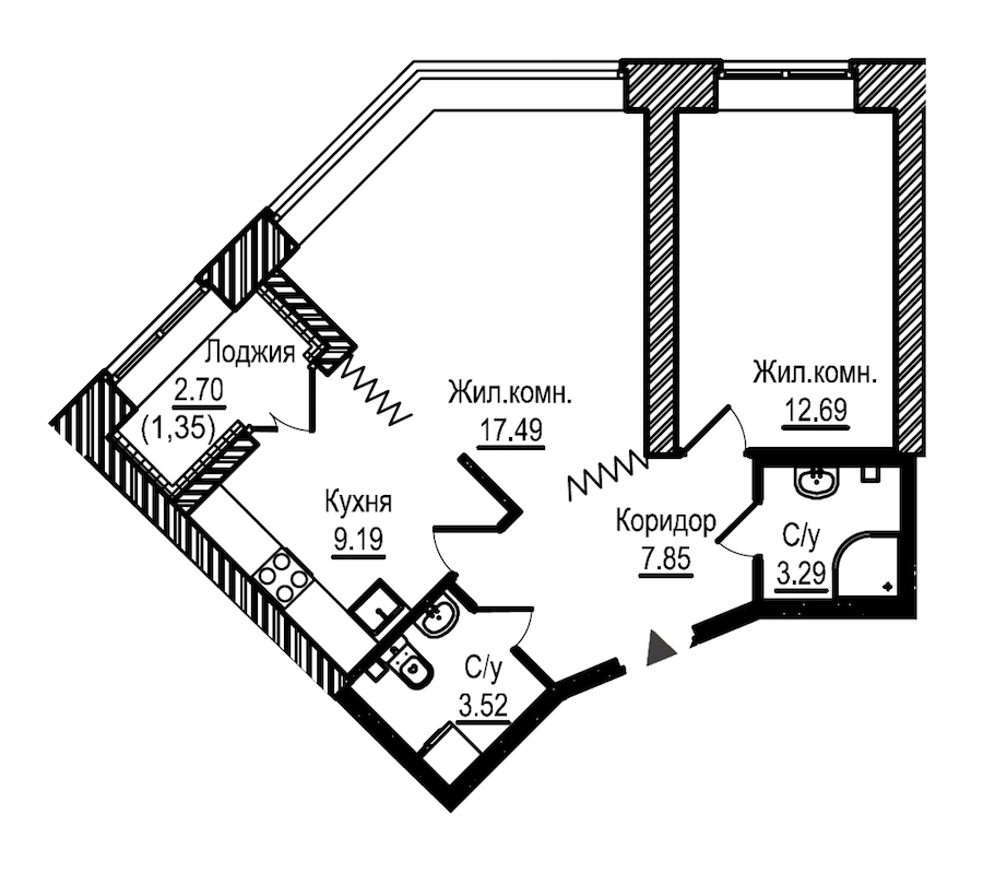 2-комнатная, 55 м² — ЖК ЖК Новое Купчино