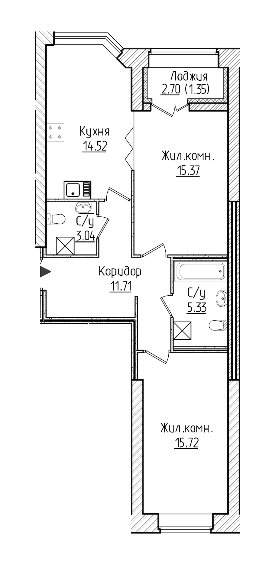 2-комнатная, 67 м² — ЖК ЖК Новое Купчино