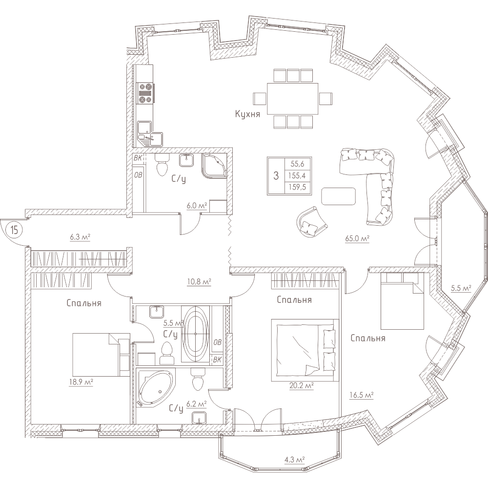 3-комнатная, 160 м² — ЖК ЖК Barcelona (Барселона)