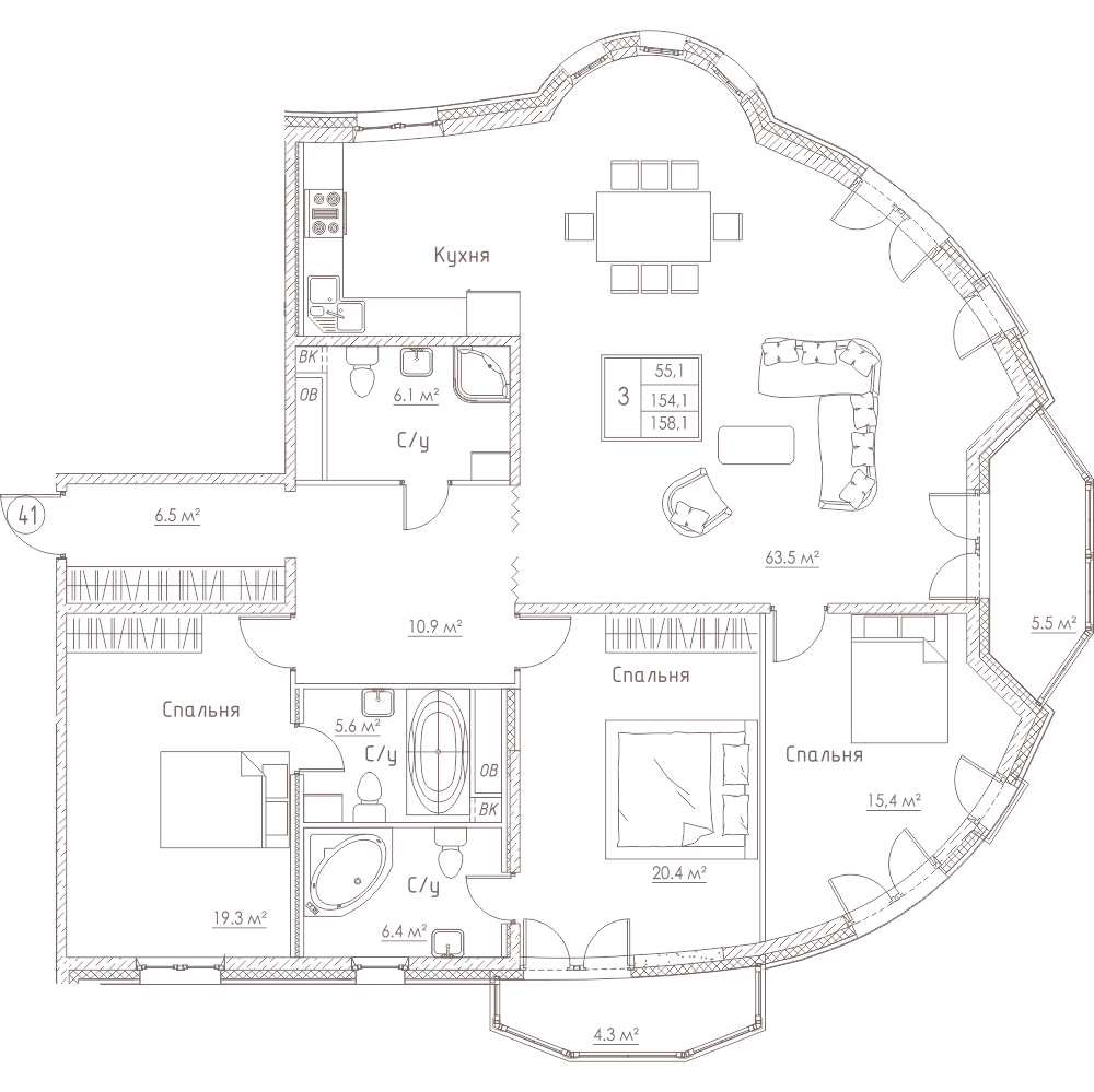 3-комнатная, 158 м² — ЖК ЖК Barcelona (Барселона)