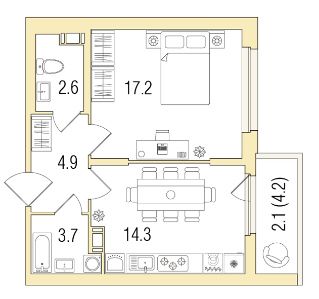 1-комнатная, 45 м² — ЖК ЖК Жемчужный берег