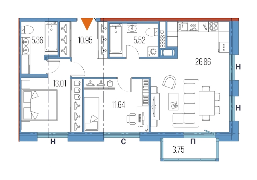 2-комнатная, 73 м² — ЖК ЖК Legenda Героев