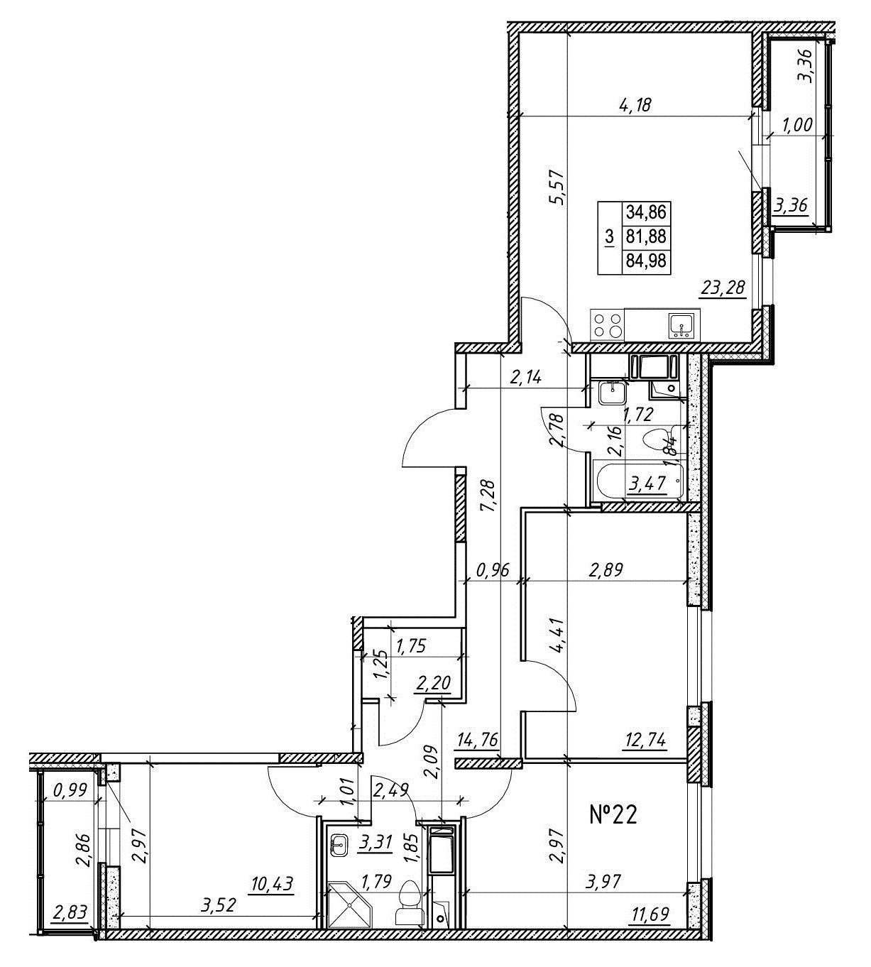 3-комнатная, 85 м² — ЖК Ап-квартал Московский (Up-квартал Московский)