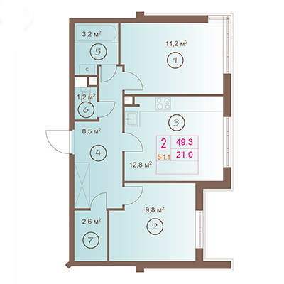 2-комнатная, 49 м² — ЖК ЖК Шоколад