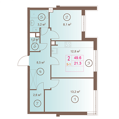 2-комнатная, 50 м² — ЖК ЖК Шоколад