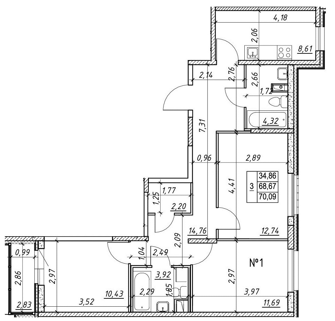 3-комнатная, 70 м² — ЖК Ап-квартал Московский (Up-квартал Московский)