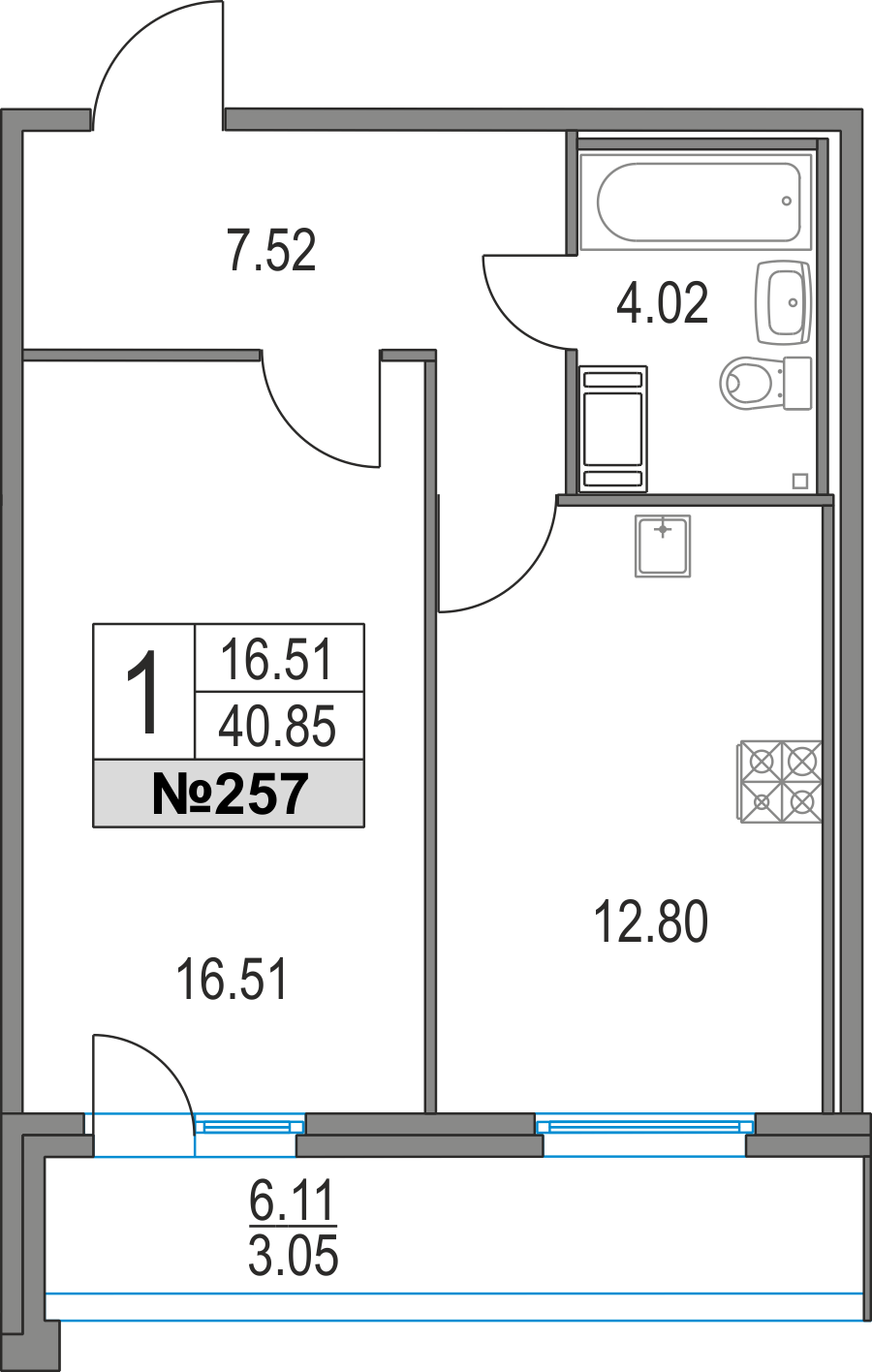 1-комнатная, 41 м² — ЖК ЖК Приморский квартал
