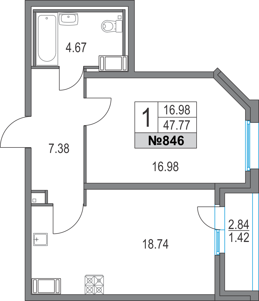 1-комнатная, 48 м² — ЖК ЖК Приморский квартал