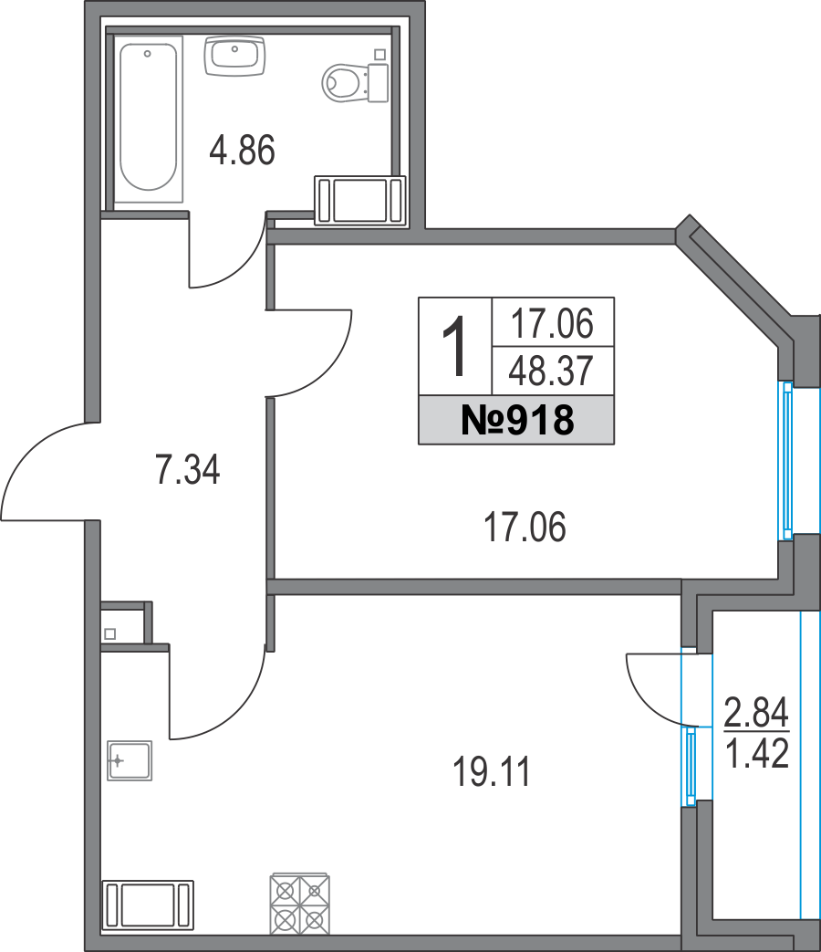 1-комнатная, 48 м² — ЖК ЖК Приморский квартал