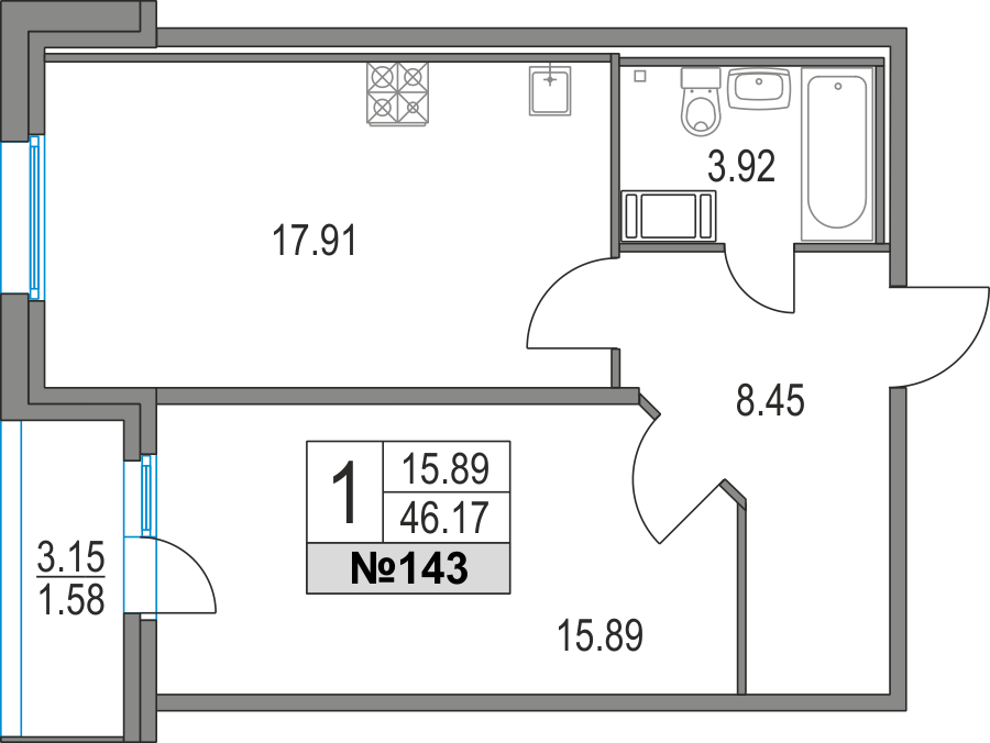 1-комнатная, 46 м² — ЖК ЖК Приморский квартал