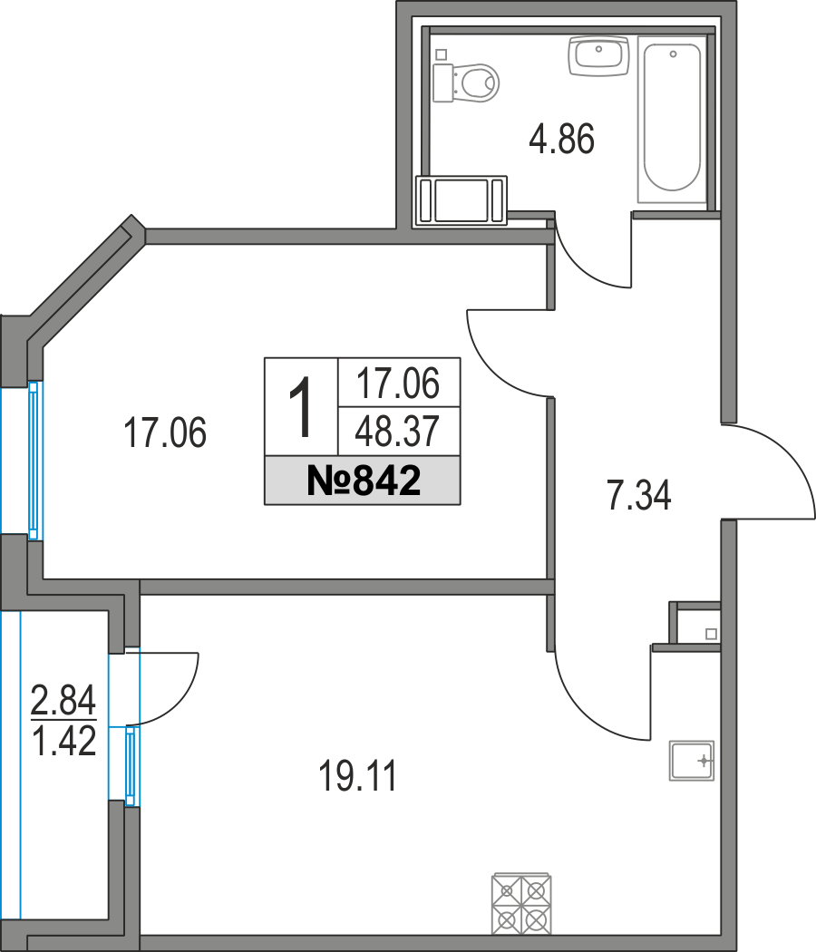 1-комнатная, 48 м² — ЖК ЖК Приморский квартал