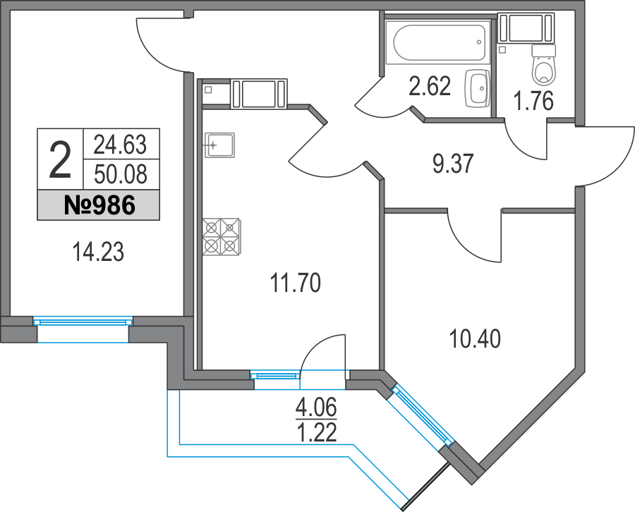 2-комнатная, 50 м² — ЖК ЖК Приморский квартал