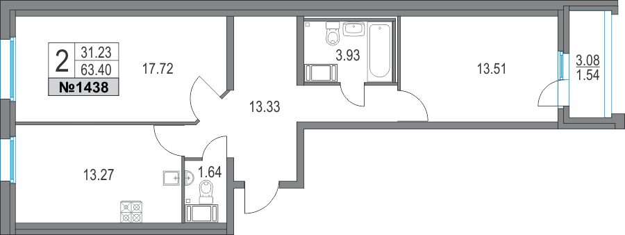 2-комнатная, 63 м² — ЖК ЖК Приморский квартал