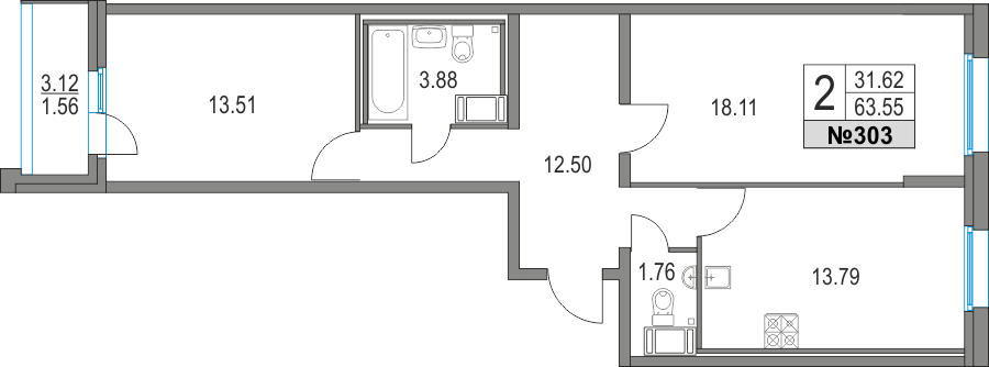 2-комнатная, 64 м² — ЖК ЖК Приморский квартал