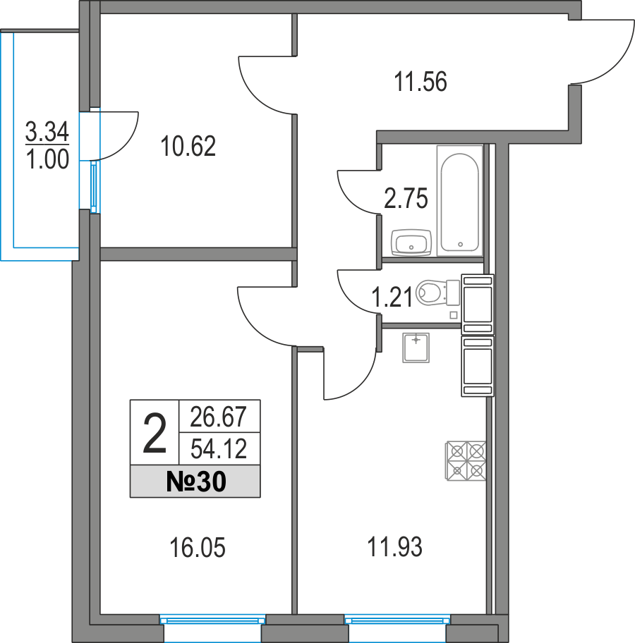 2-комнатная, 54 м² — ЖК ЖК Приморский квартал