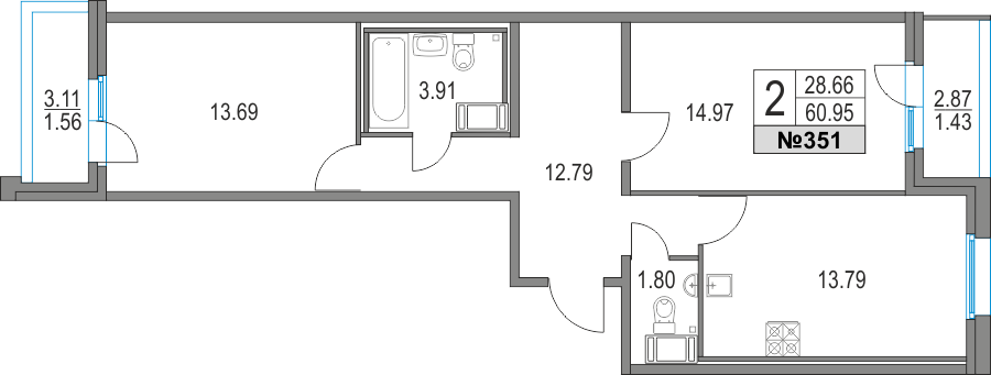 2-комнатная, 61 м² — ЖК ЖК Приморский квартал