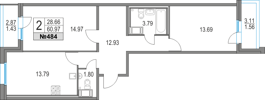 2-комнатная, 61 м² — ЖК ЖК Приморский квартал