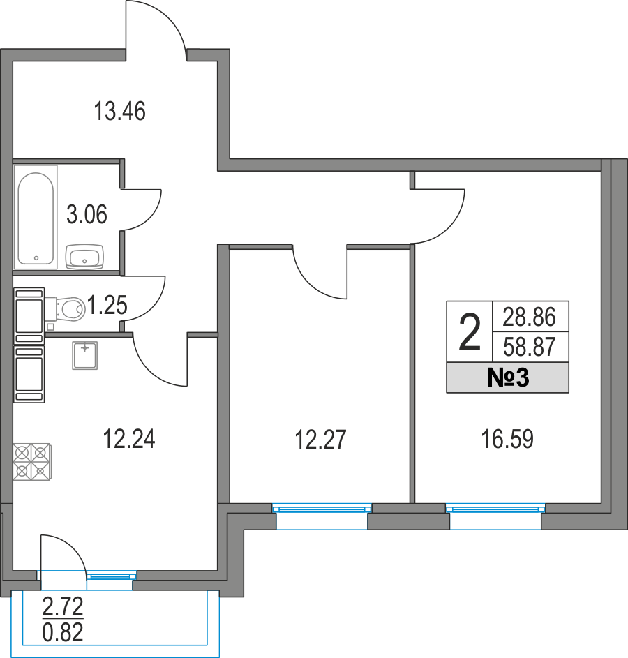 2-комнатная, 59 м² — ЖК ЖК Приморский квартал