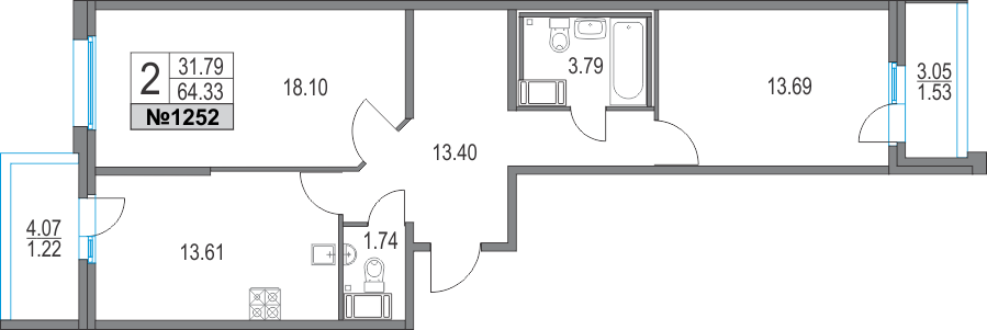 2-комнатная, 64 м² — ЖК ЖК Приморский квартал