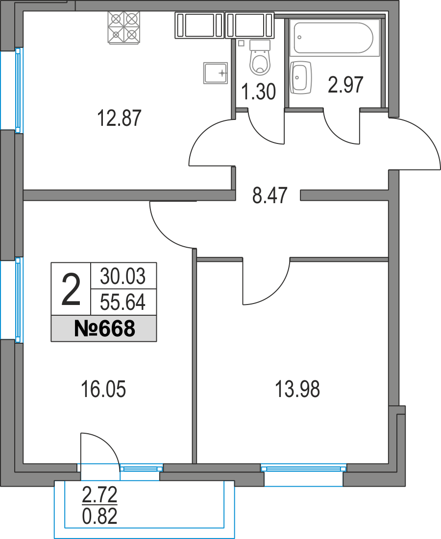 2-комнатная, 56 м² — ЖК ЖК Приморский квартал