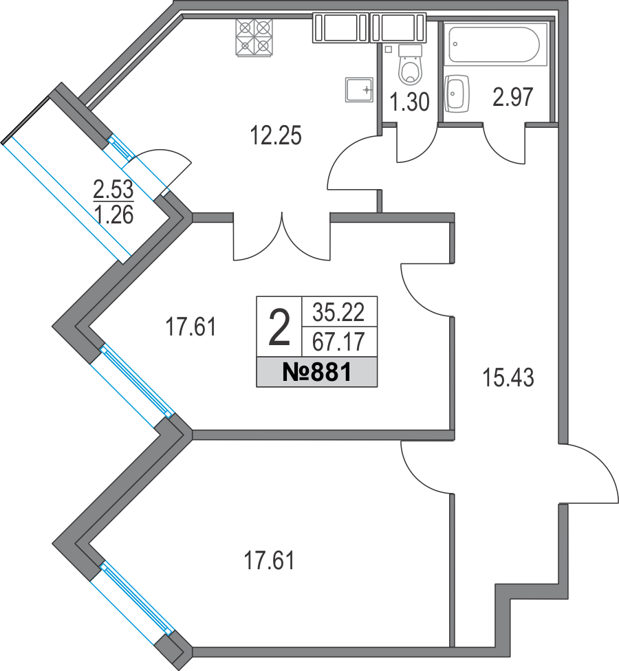 2-комнатная, 67 м² — ЖК ЖК Приморский квартал