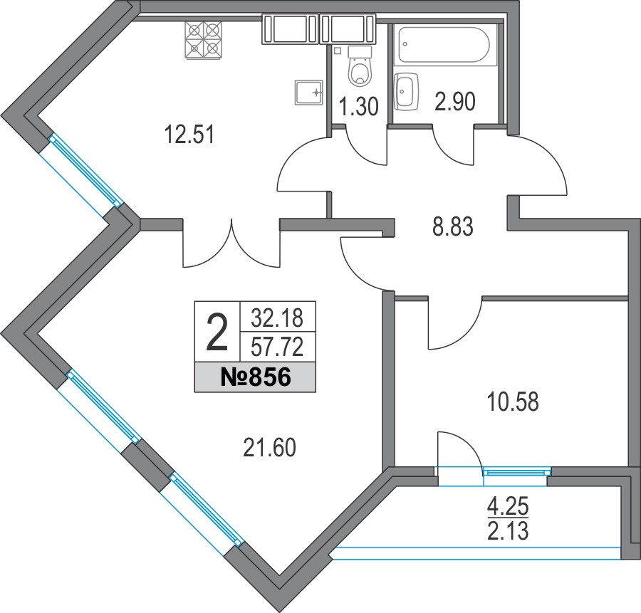 2-комнатная, 58 м² — ЖК ЖК Приморский квартал